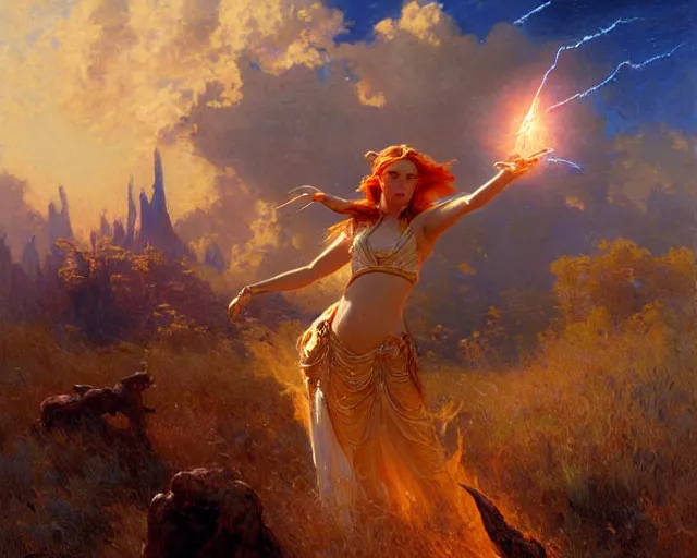 Image similar to sorceress casting powerful meteor spell in the plains. highly detailed painting by gaston bussiere, craig mullins, j. c. leyendecker 8 k