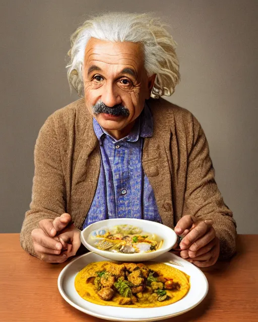 Prompt: a portrait of albert einstein sitting at the dining table with a plate containing south indian thali in front of him, highly detailed, trending on artstation, bokeh, 9 0 mm, f / 1. 4