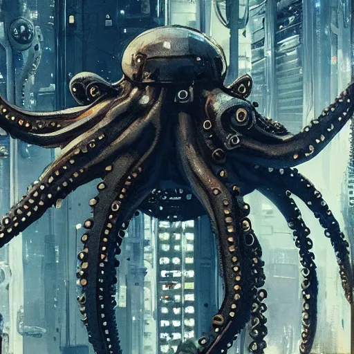 Image similar to Octopus in space, cyberpunk, realistic, detailed, Industrial Scifi, paint, watercolor, in the style of Ashley Wood and Wadim Kashin