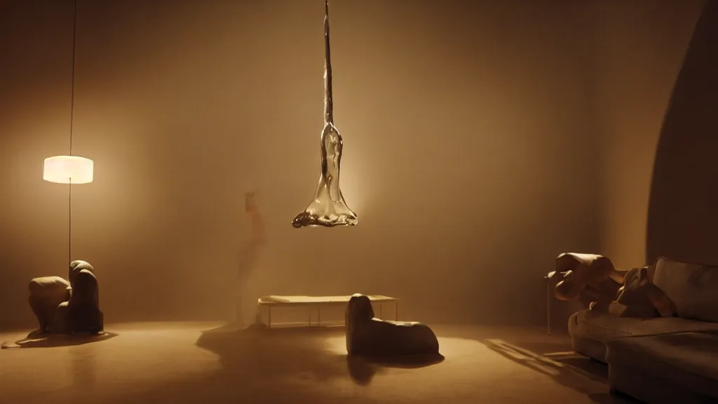 Image similar to a giant hand made of wax and water floats through the living room, film still from the movie directed by Denis Villeneuve with art direction by Salvador Dalí, wide lens