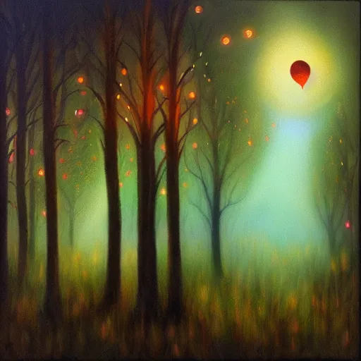 Prompt: forest at night with floating lights by Julie Bell