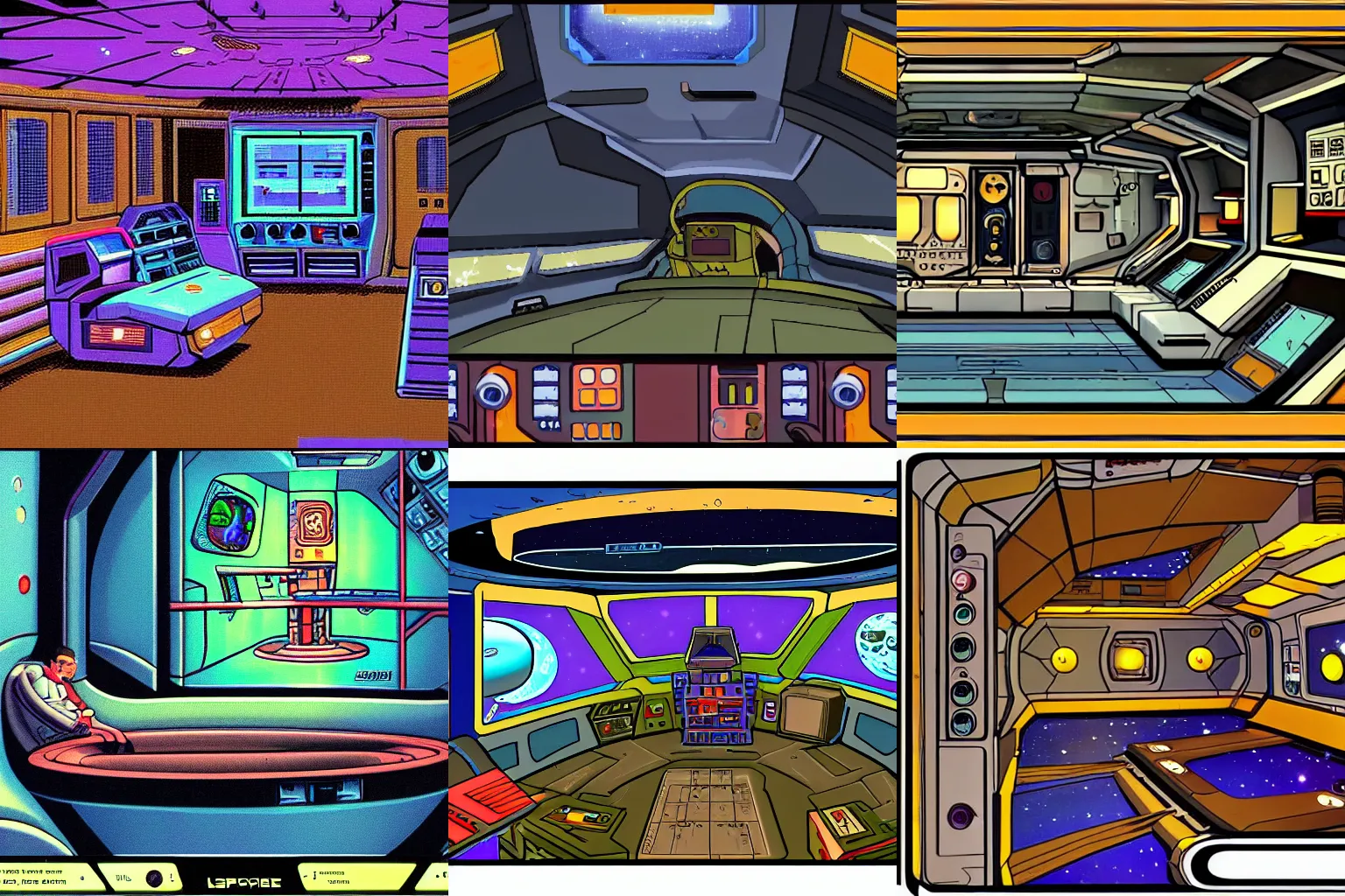 Prompt: inside a spaceship, from a space themed LucasArts point and click 2D graphic adventure game, made in 1999, high quality graphics