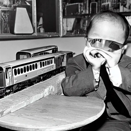 Image similar to alfredo perez rubalcaba playing with train toys