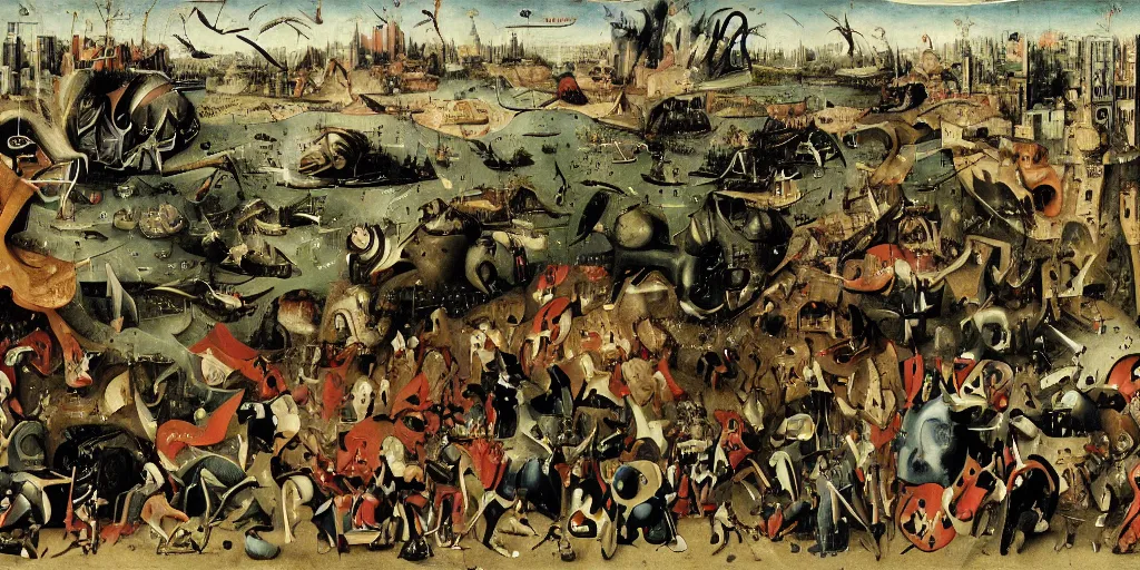 Prompt: The final battle between the Avengers and the Chitauri in New York by Hieronymus Bosch