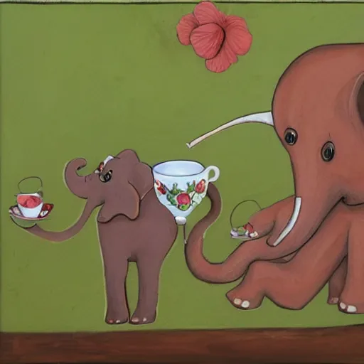 Prompt: elephant having tea with mice