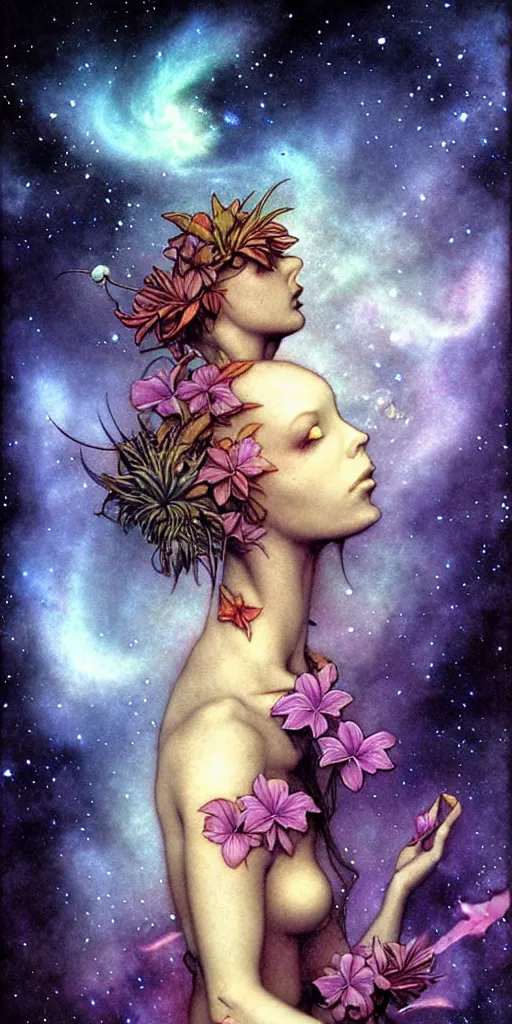 Image similar to tropical flowers, night sky background, nebula, beautiful! coherent! by brom, by brian froud, deep color, strong line, high contrast