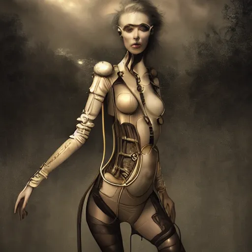 Prompt: By Tom Bagshaw, Abstract tech, a very beautiful steampunk female in bodysuit, ruins by night, symmetric body features proportions, horror, volumetric clouds and fog, focus, detailed, realistic eyes looking at camera, symmetric body features proportions, golden ratio, intricate details, award winning, unreal render