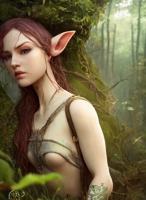 Image similar to Beautiful art portrait of a Fantasy female elf on a lush forest meadow, atmospheric lighting, intricate detail, cgsociety, hyperrealistic, octane render, RPG portrait, ambient light, dynamic lighting