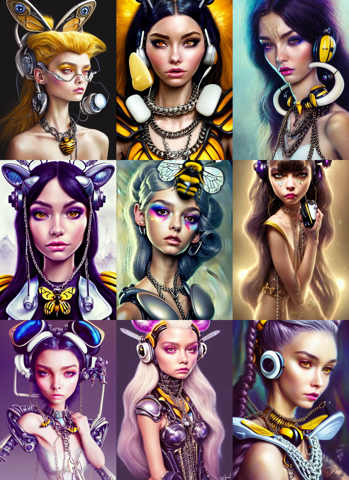 Prompt: disney weta portrait, beautiful lustrous ivory white edm clowncore bumblebee madison beer cyborg woman, earbuds, chains, bling, sci - fi, fantasy, cyberpunk, intricate, decadent, highly detailed, digital painting, ever after high, octane render, artstation, concept art, smooth, sharp focus, illustration, art by artgerm, loish, wlop