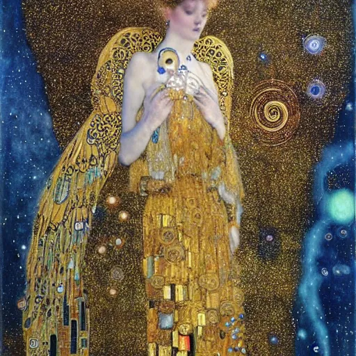 Image similar to dreamy angel, in the cosmos, 🌫🌌 intricate long shelve robes, intricate detail, klimt, royo,