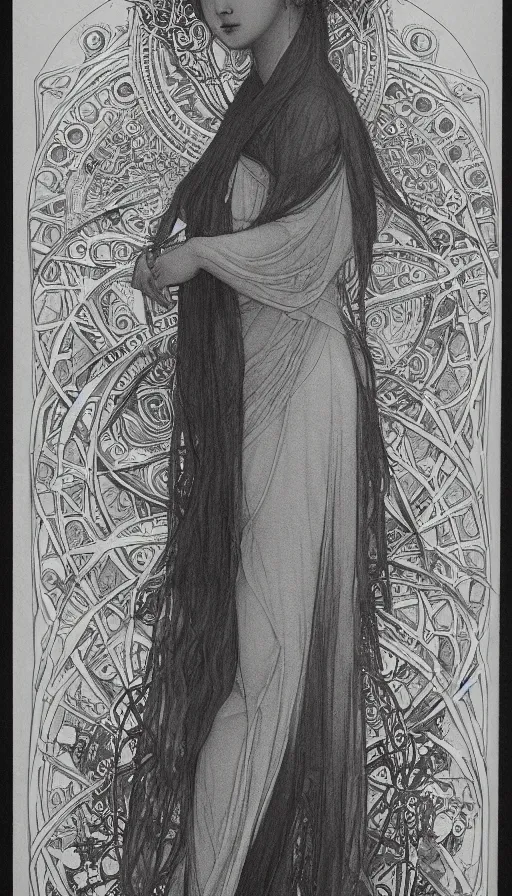 Image similar to yoon young bae as the high priestess, by mucha, black and white graphite drawing, smooth render