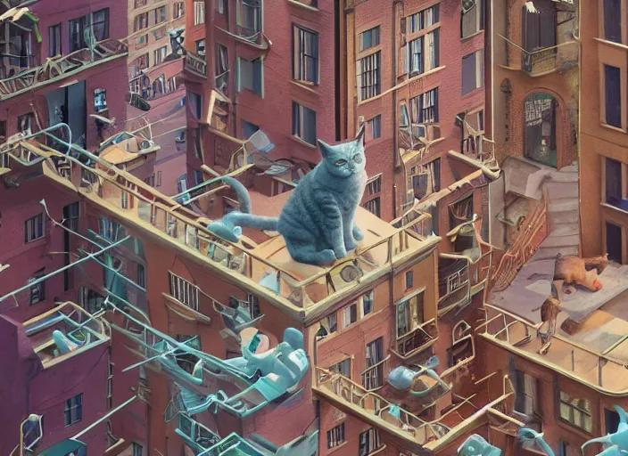 Image similar to A very high resolution image from a new movie, stop motion, about a cat from a musical nyc to a digital space opera, Animated film, volumetric lighting, octane render, directed by wes anderson, Vladimir kush, m.c Escher