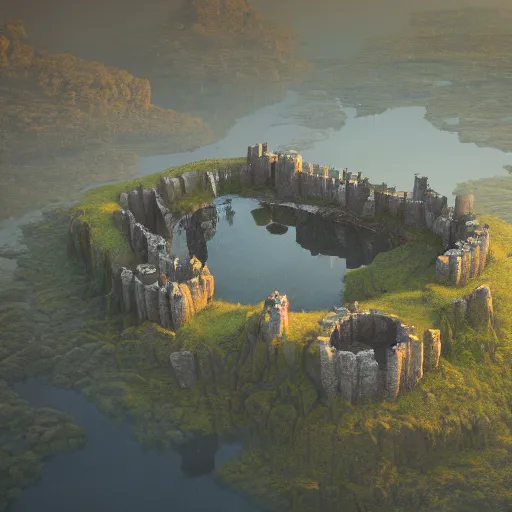 Image similar to aerial view of a stone fort sitting above a swamp in the sunset, dramatic lighting by alan lee by peter mohrbacher, trending on artstation sharp focus vfx key shot