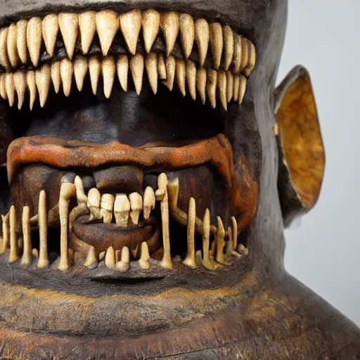 Image similar to a taxidermized smiling horror of the abyss, in a museum, on a pedestal, 8 5 mm lens, 7 0 mm entrance pupil diameter, close - up photograph, high detail, 4 k, soft focus, depth of field