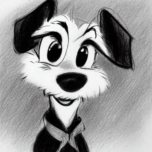 Image similar to milt kahl pencil sketch of happy mini schnauzer cartoon lady and the tramp style