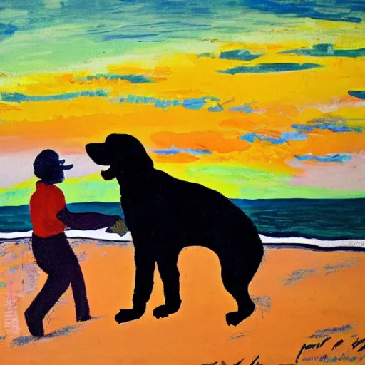 Image similar to a fauvist painting of a man and a black dog digging a hole on a danish beach at sunset