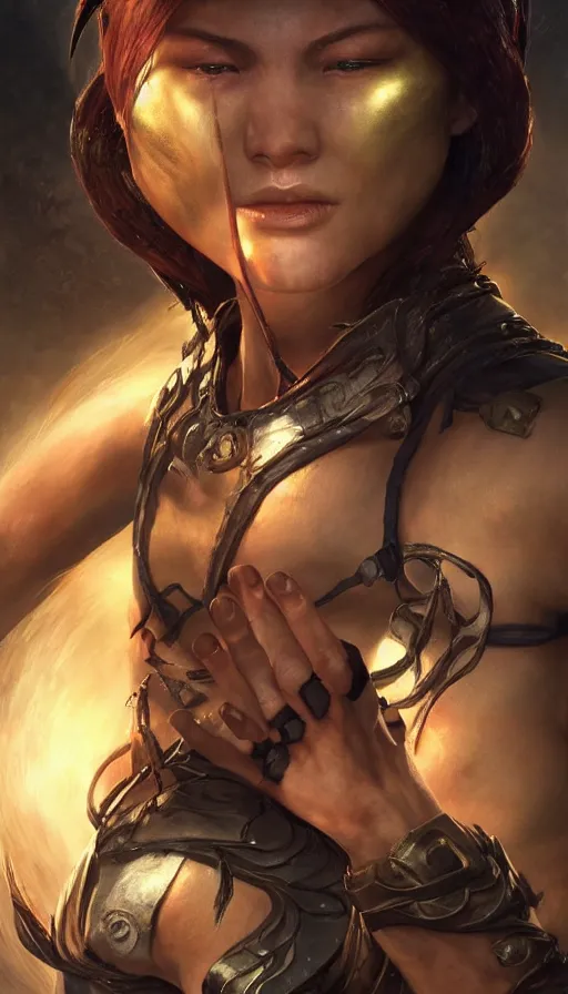 Image similar to epic masterpiece mortal kombat, sweaty skin, hyperrealistic, octane render, cinematic, beautiful face and flawless skin, perfect hands, 5 fingers, by Edgar Maxence and Ross Tran and Michael Whelan, Legends of Runeterra