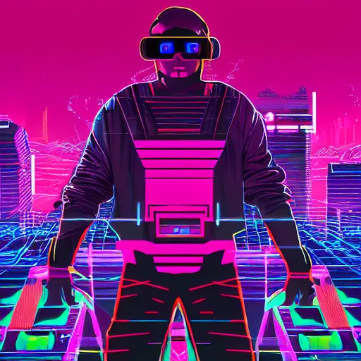 Image similar to cyberpunk hacker surfing through synthwave cyberspace