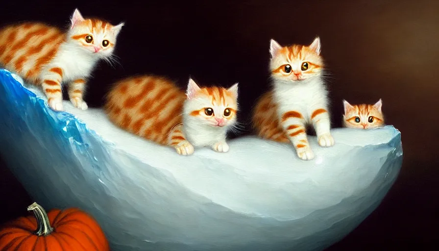 Prompt: highly detailed painting of cute baby furry pumpkin kitty cats on a blue and white iceberg by william turner, by greg rutkowski, by william constable, thick brush strokes and visible paint layers, 4 k resolution