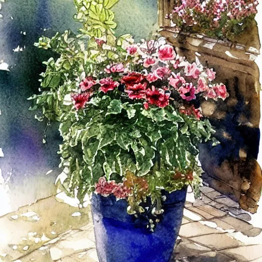 Image similar to a beautifull intricate watercolor painting of potted planter with flowers inside sitting on wet sidewalk, reflexions, high details by william turner art