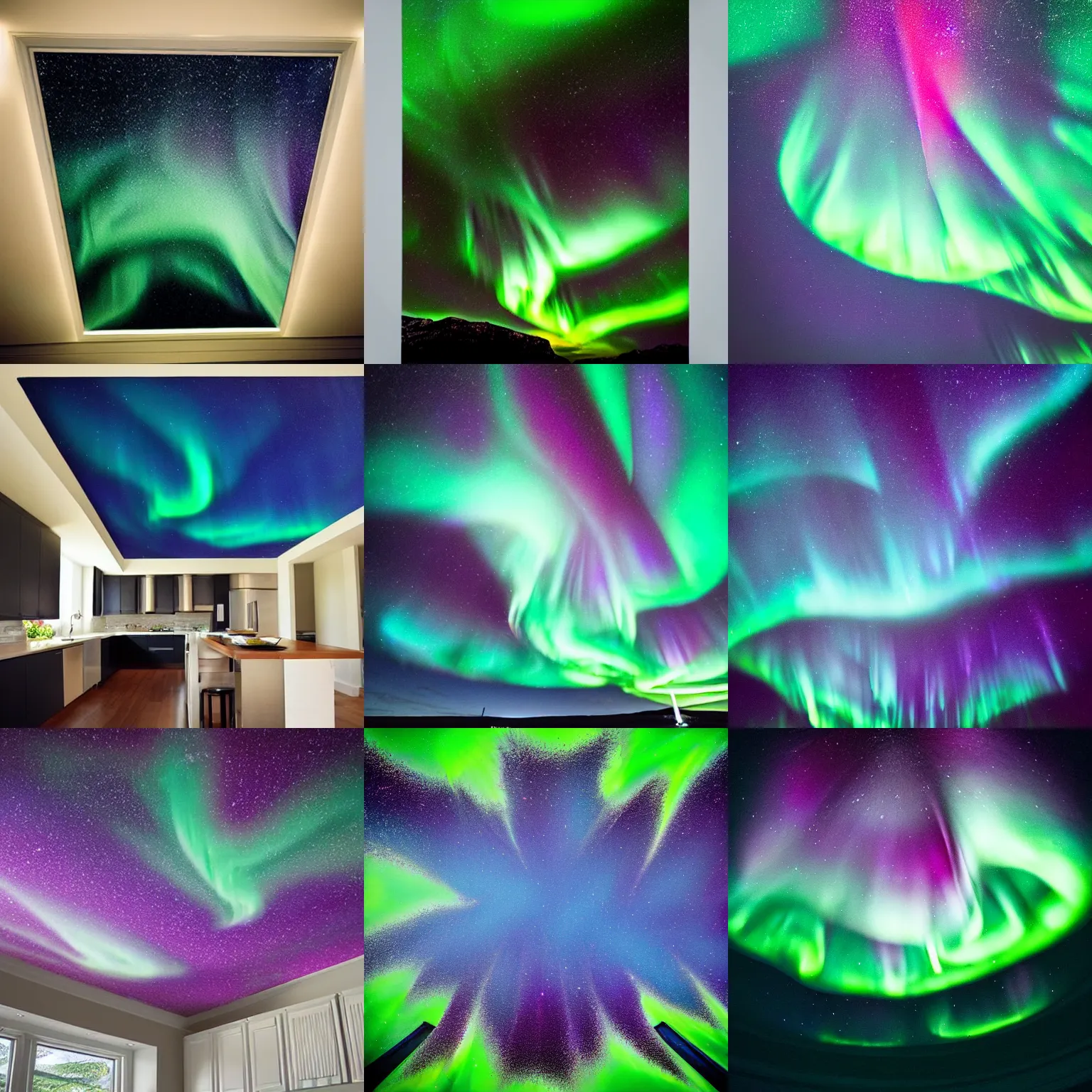 Prompt: “Award winning photo of Aurora Borealis painted on a kitchen ceiling ”