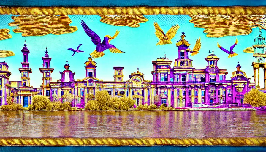 Prompt: HDR high resolution HD sharp 8x. building along a river, seen from the long distance. maximalist mixed media paper and baroque embroidery fabric collage. huge flamish baroque birds flying. childrenbook illustration in pastel tones. matte background.