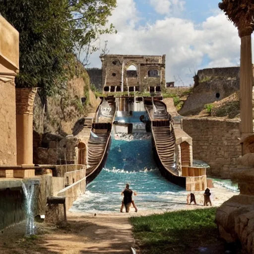 Prompt: ancient roman waterpark with water slides