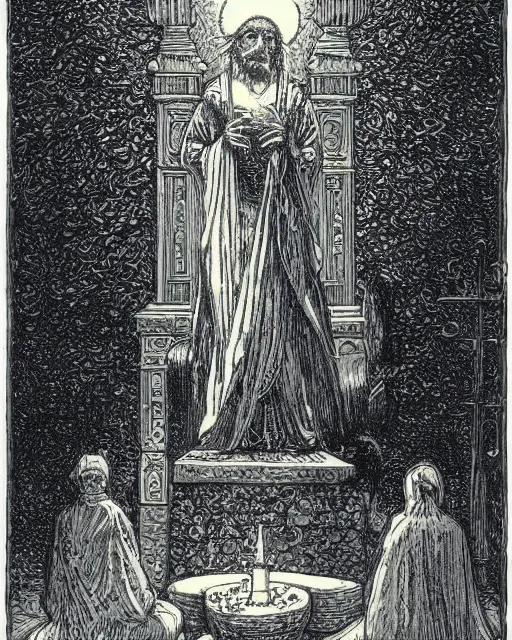 Image similar to a print of the magician thoth tarot card by gustave dore