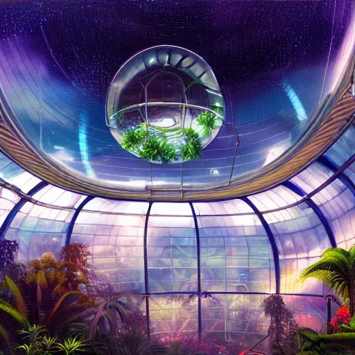 Image similar to a cinematic view of a space habitat colony, large indoor greenhouse with exotic plants, retrofuturism, scifi art, oil on canvas, biodome, stars in the sky above, details, hyper - detailed, hd, hdr, 4 k, 8 k