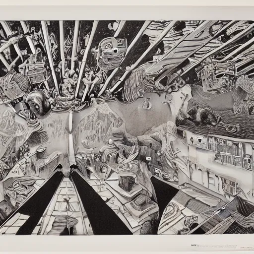 Image similar to Original M.C. Escher lithograph of the immorality of war, accurate details, hyperrealistic, extremely detailed, in the style of Lisa Frank