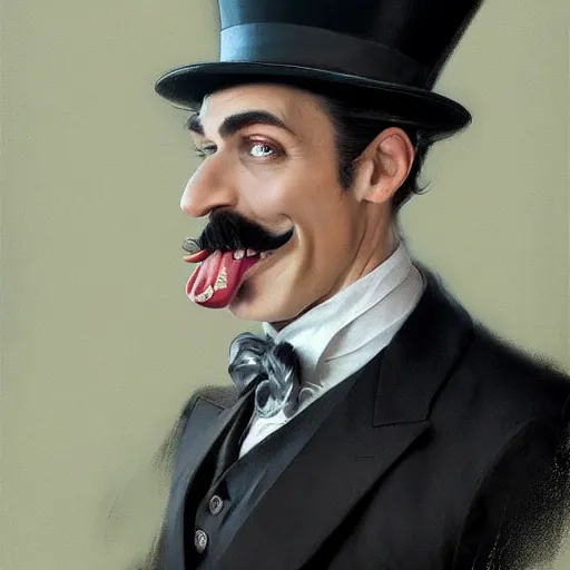 Prompt: hyper realistic dapper fancy luigi wearing a top hat, smirking deviously, painted by greg rutkowski, wlop, artgerm