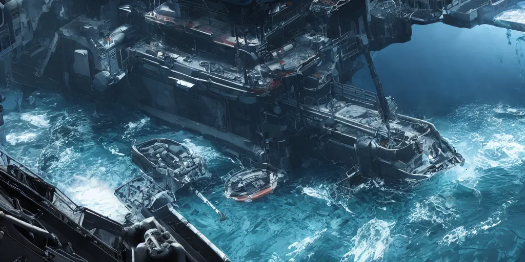 Image similar to Barotrauma Under water base, unreal engine 5 + 4k + Ultrarealistic photograph, epic composition, Deep ocean, trending on artstation