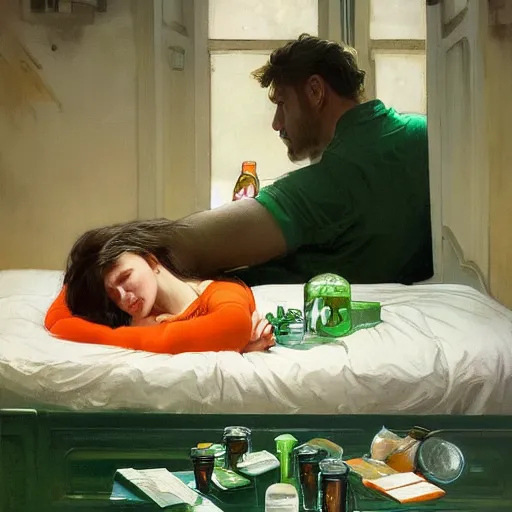 Image similar to guinness bottles and young man in orange shirt and a girl in green shirt sleeping in bed, highly detailed, digital painting, artstation, concept art, smooth, sharp focus, illustration, art by artgerm and greg rutkowski and alphonse mucha