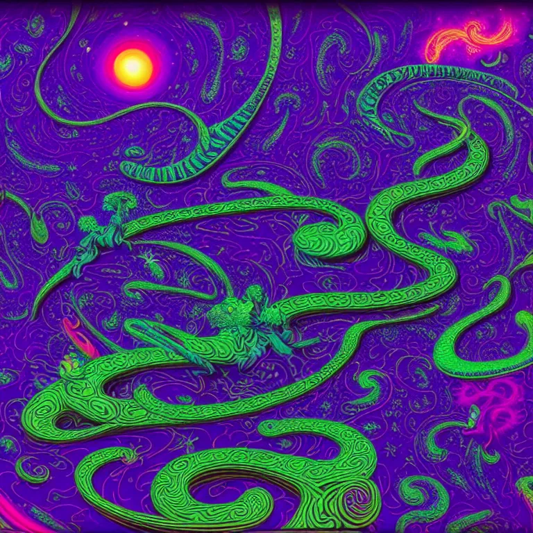 Image similar to cosmic serpent, infinite fractal worlds, bright neon colors, highly detailed, cinematic, eyvind earle, tim white, philippe druillet, roger dean, lisa frank, aubrey beardsley, hiroo isono