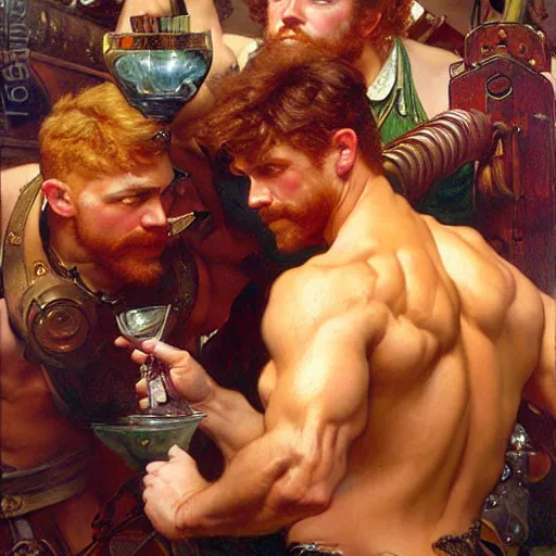 Prompt: attractive muscular mike with ginger hair and muscular attractive ty with brunet hair, drinking their hearts out, boys night out. highly detailed painting by gaston bussiere, craig mullins, j. c. leyendecker, alphonse mucha 8 k