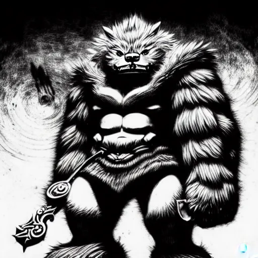 Prompt: Volibear (league of legends, 2009), artwork by kentaro miura, Kentaro Miura style, Berserk Style, High details, cinematic composition, manga, black and white ink style, a lot of details with ink shadows