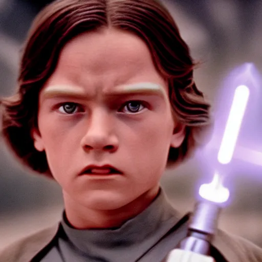 Image similar to film still of young sebastian shaw as jedi in new star wars movie, dramatic lighting, highly detailed face, kodak film, wide angle shot, colorized film