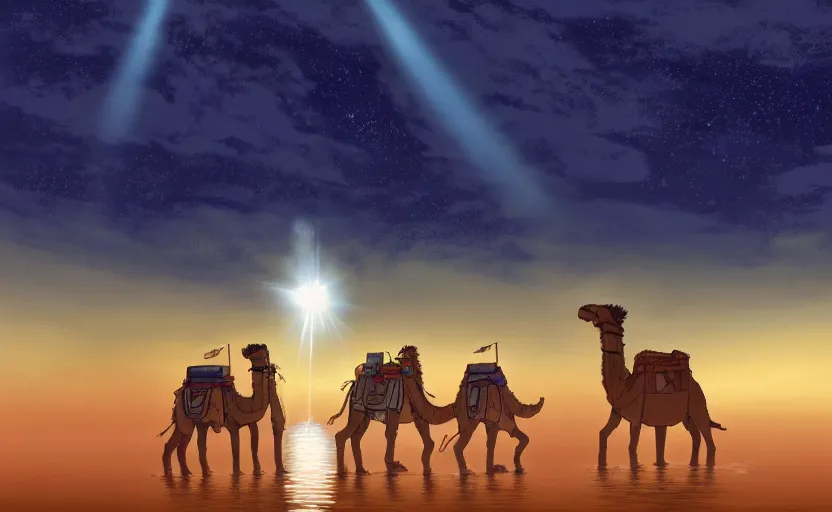 Prompt: a cell - shaded studio ghibli concept art of a hovering ufo shining a spotlight on a camel caravan in a flooded stonehenge desert on a misty starry night. very dull colors, hd, 4 k, hq