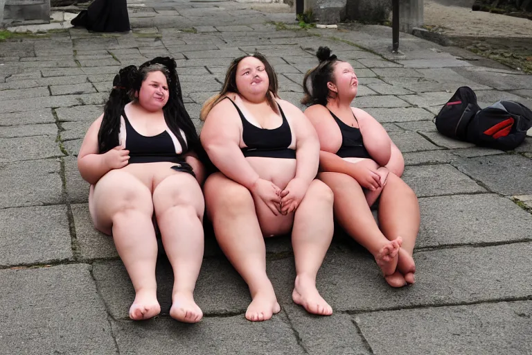 Image similar to some slightly overweight girls on a row resting, with their feet up, outside, 8k,