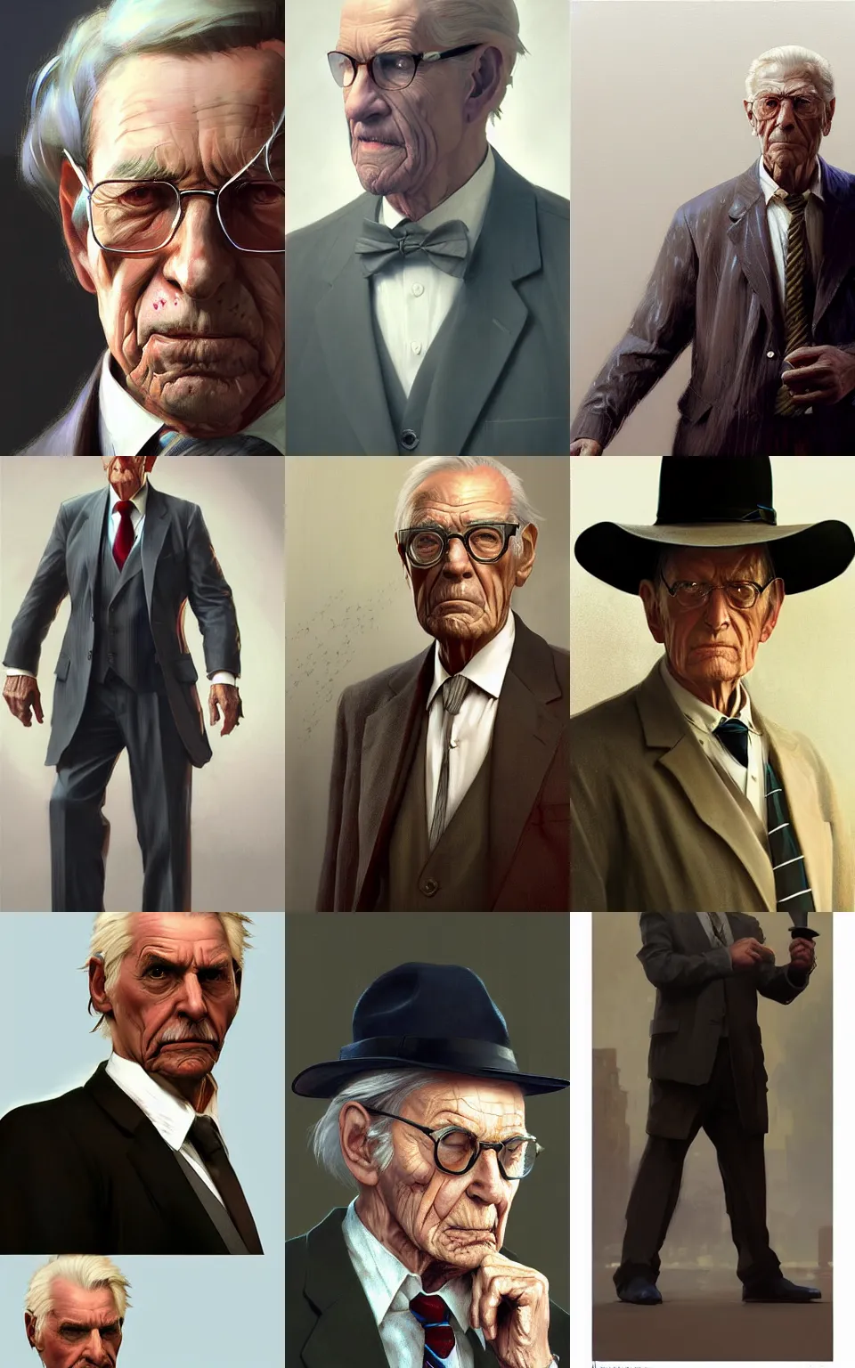 Prompt: character concept portrait, willy lowman, elderly salesman in a suit, style digital painting, concept art, smooth, sharp focus, illustration, from metal gear, by ruan jia and mandy jurgens and william - adolphe bouguereau, artgerm