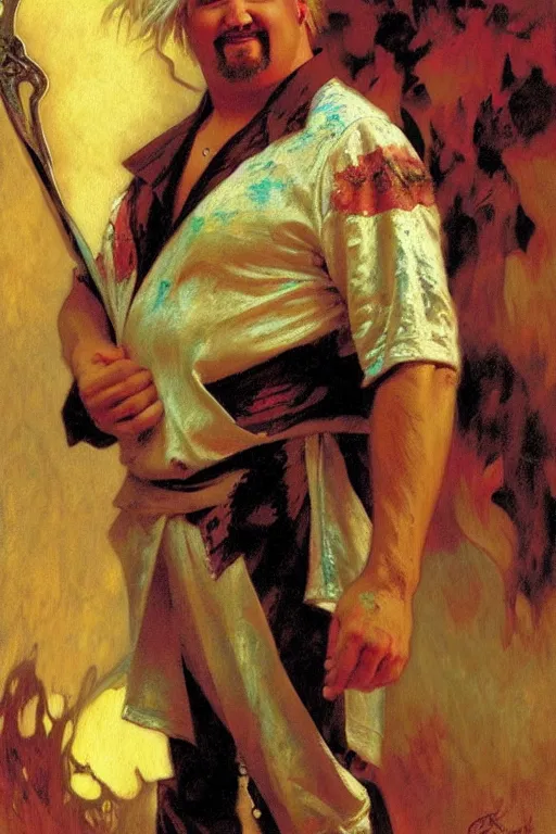 Image similar to guy fieri figure painting, painting by gaston bussiere, craig mullins, greg rutkowski, alphonse mucha