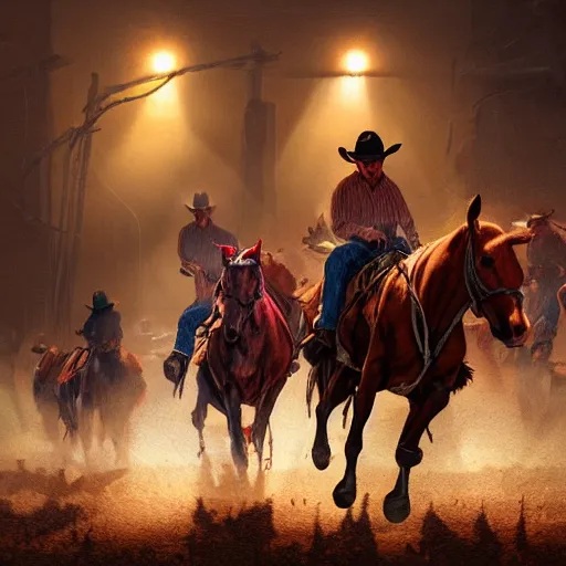 Prompt: cowboys chasing cattle, colorful, dramatic lighting, detailed, intricate, elegant, highly detailed, digital painting, artstation, concept art, smooth, sharp focus, illustration