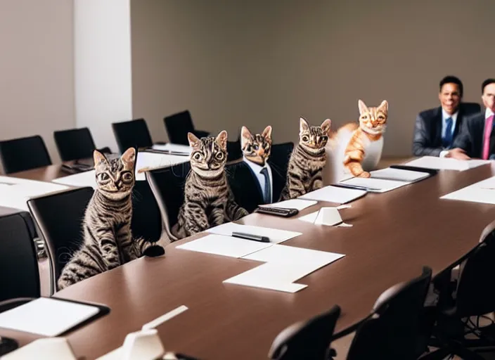 Image similar to photo of cats attending a management board meeting. Highly detailed 8k. Intricate. Sony a7r iv 55mm. Stock photo.