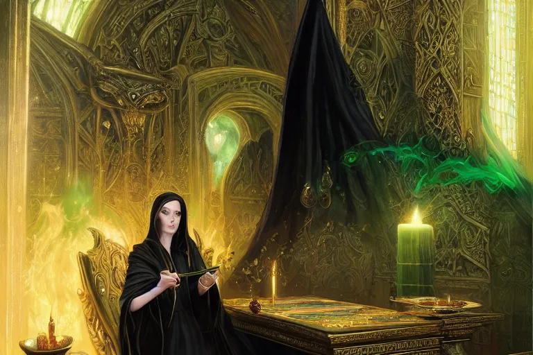 Prompt: a beautiful sorceress wearing a black robe with gold embroidery, sitting at table, casting a spell, green glows, painted by donato giancola and artgerm and tom bagshaw, in the style of magic the gathering, highly detailed digital art