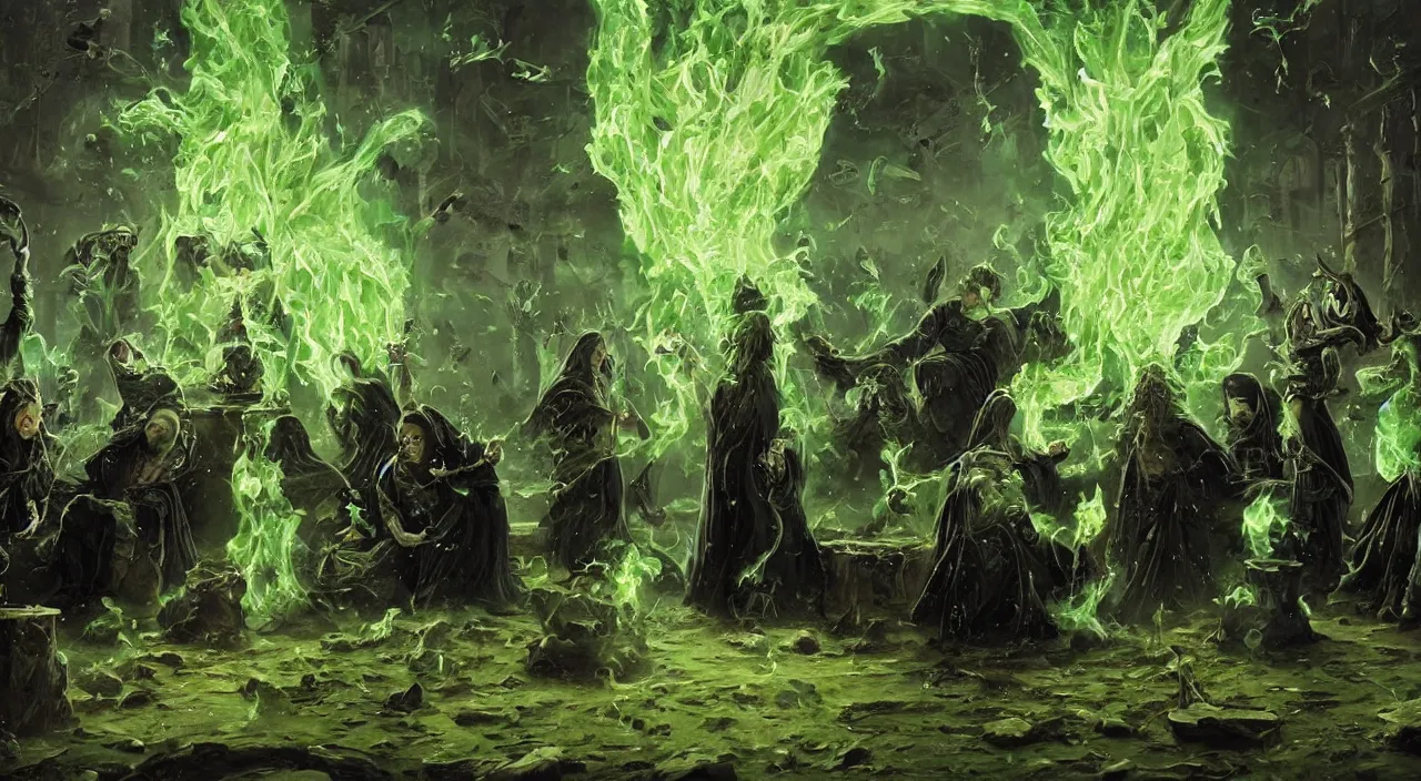 Image similar to A highly detailed oil painting by Greg Rutkowski of a group of sorcerers wearing black robes making a potion in a huge bubbling cauldron glowing bright green, with lots of fire coming from it, highly detailed fantasy concept artwork, very realistic, green and black color scheme, graffiti.