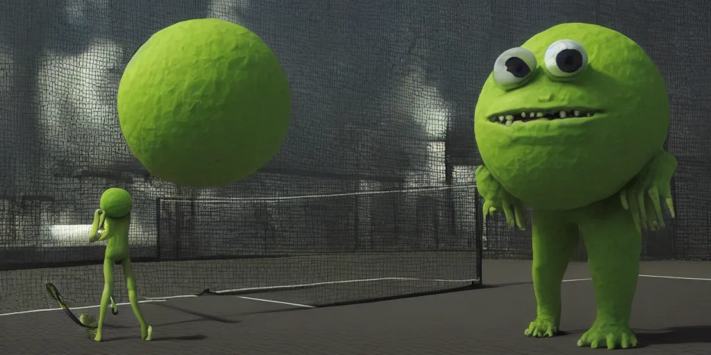 Image similar to a photo of 8 k ultra realistic giant tennis ball monster statue, tennis ball monsters, exotic, cinematic lighting, trending on artstation, 4 k, hyperrealistic, focused, high details, unreal engine 5, cinematic, alien planet atmosphere in background, 3 d render by basil gogos and beeple