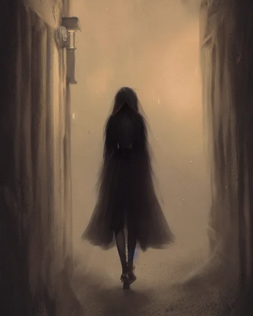 Prompt: A ultradetailed eerie beautiful matte painting of a mysterious redhaired woman walking towards me in a dark alley at night by tom bagshaw concept art, trending on deviantart, illustration, film noire.