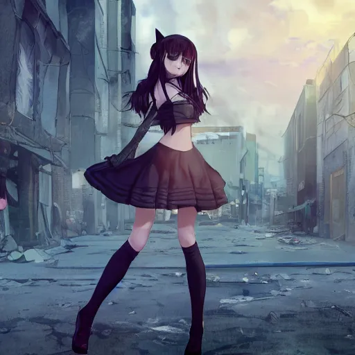 Prompt: cute anime neko girl with long black curly hair and 2 small cat ears on her head wearing nice black lace short evening dress and black high - heeled shoes, in the middle of the square of a ruined post - apocalyptic city at sunset, highly detailed, trending on artstation, unreal engine 4 k