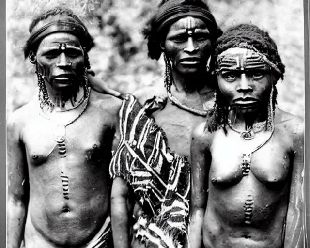 Image similar to 1 9 2 0 s black and white photographs of the lost tribes of del shoob and their amazing body art