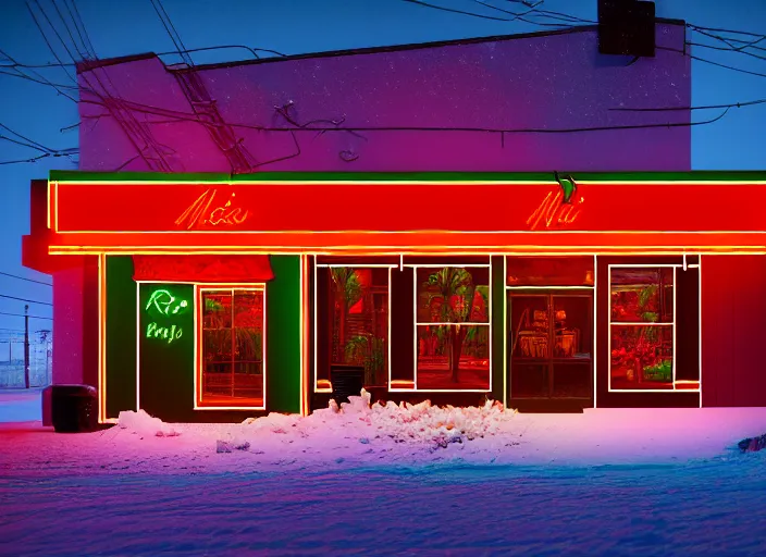 Image similar to exterior photo of a mexican restaurant, neon lights, in a flat snowy field. 35mm. Very detailed 8k. Sharp. Cinematic post-processing. Unreal engine. Nanite. Ray tracing. Parallax. Tessellation